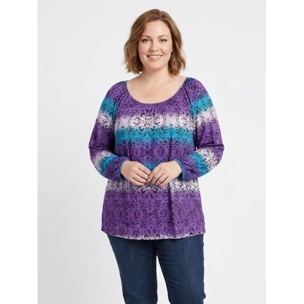 New Dana Buchman Blouse XL Purple Blue Ombre Abstract Long Sleeve Stretch Knit